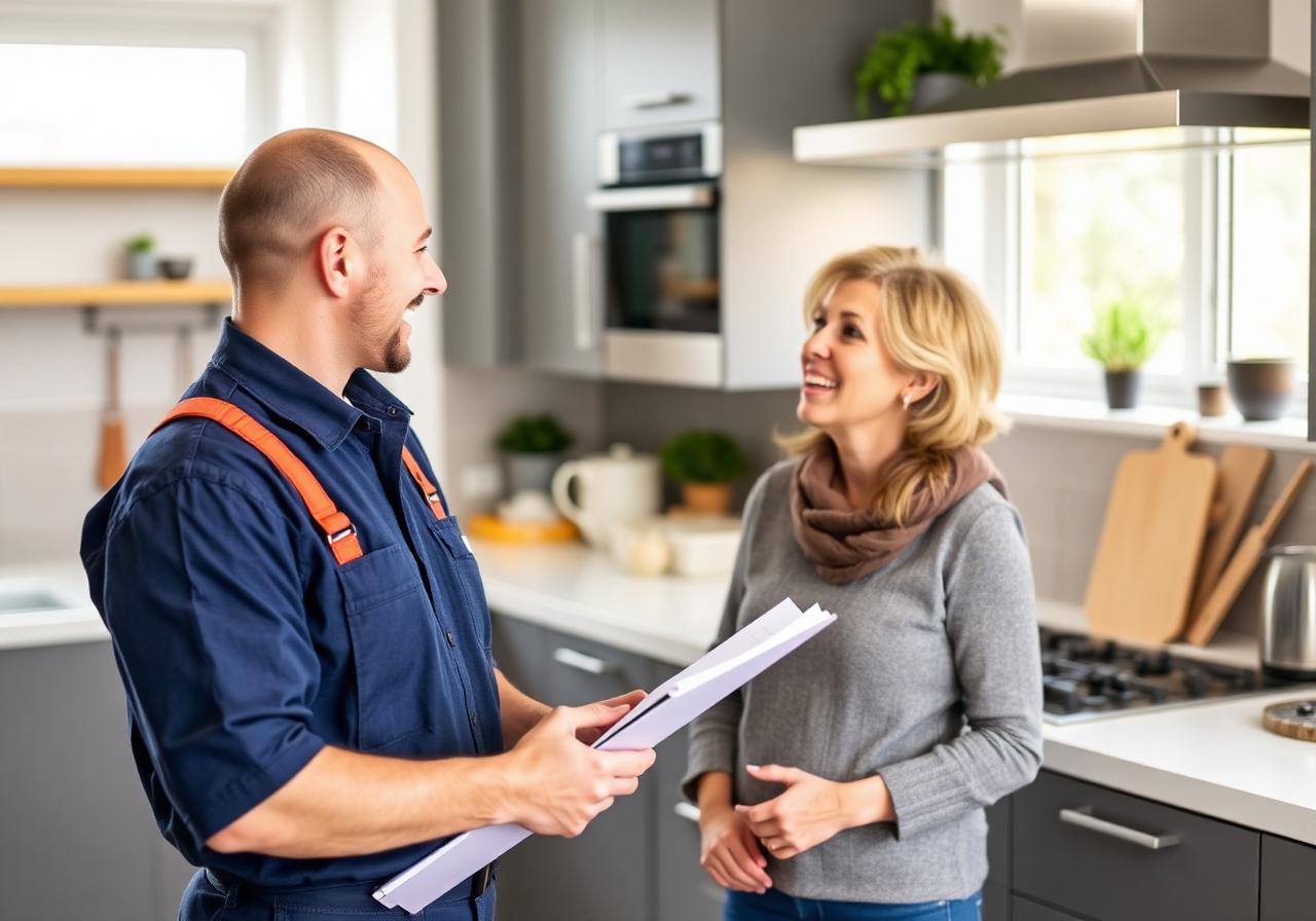 Web Design Swansea — British plumber discussing work with a happy client in a Swansea home